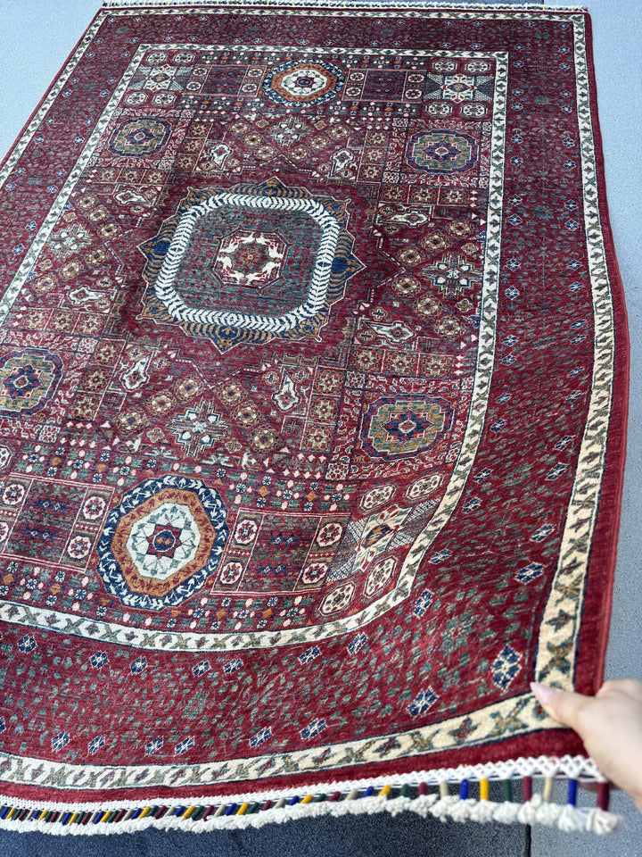 6x8 Handmade Afghan Wool Rug | Crimson Red Mamluk Medallion Area Rug | Ivory and Navy Accents | Hand-Knotted Traditional Carpet