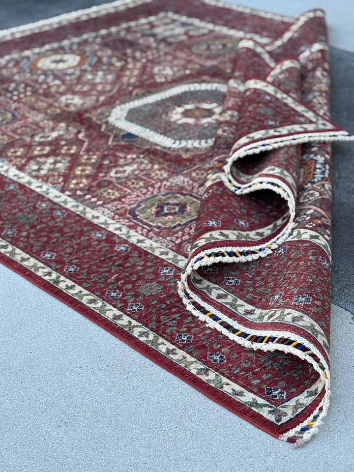 6x8 Handmade Afghan Wool Rug | Crimson Red Mamluk Medallion Area Rug | Ivory and Navy Accents | Hand-Knotted Traditional Carpet