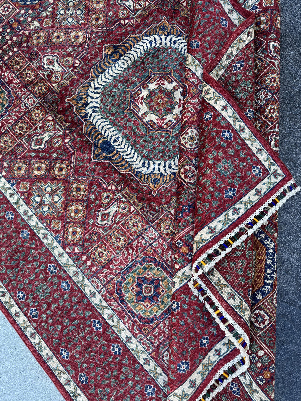 6x8 Handmade Afghan Wool Rug | Crimson Red Mamluk Medallion Area Rug | Ivory and Navy Accents | Hand-Knotted Traditional Carpet