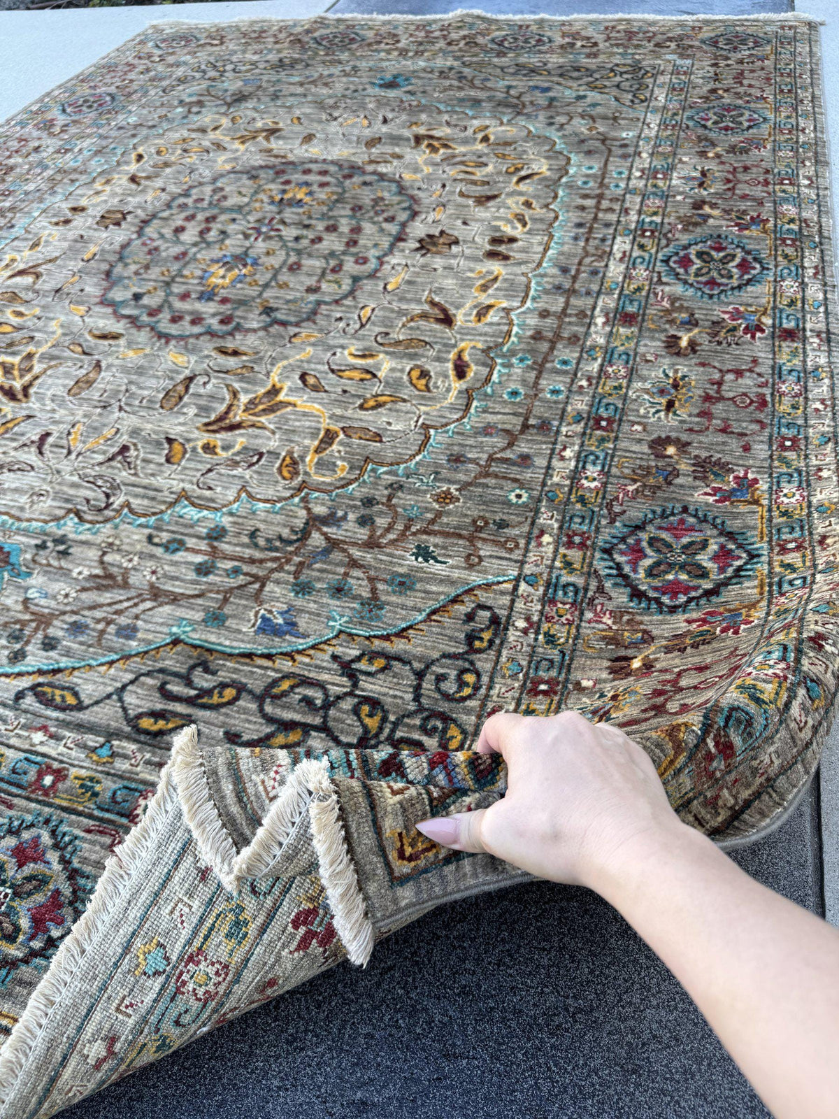 6x8 Handmade Afghan Wool Rug | Taupe and Beige Floral Medallion Area Rug | Muted Gold, Rose and Mint Accents | Hand-Knotted