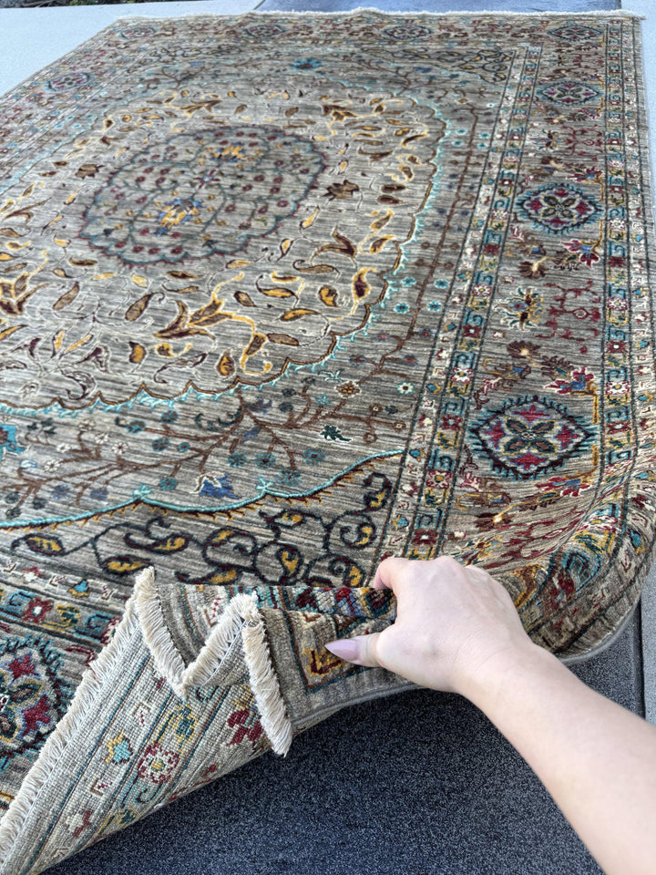 6x8 Handmade Afghan Wool Rug | Taupe and Beige Floral Medallion Area Rug | Muted Gold, Rose and Mint Accents | Hand-Knotted