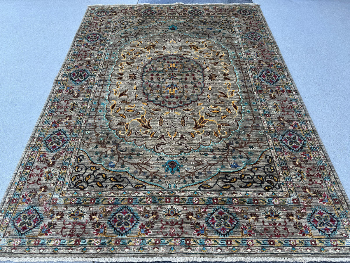 6x8 Handmade Afghan Wool Rug | Taupe and Beige Floral Medallion Area Rug | Muted Gold, Rose and Mint Accents | Hand-Knotted