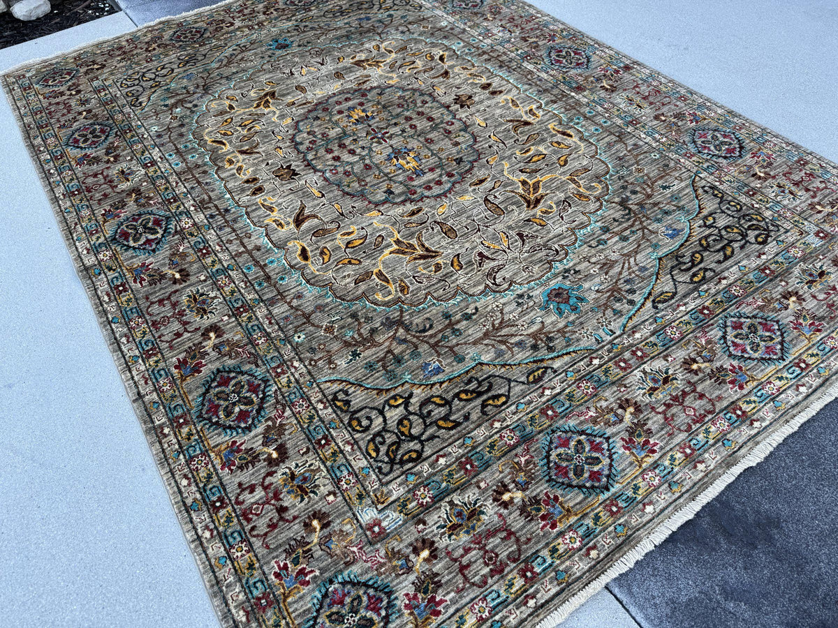 6x8 Handmade Afghan Wool Rug | Taupe and Beige Floral Medallion Area Rug | Muted Gold, Rose and Mint Accents | Hand-Knotted