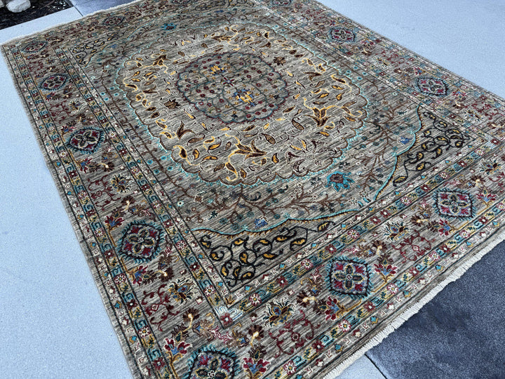 6x8 Handmade Afghan Wool Rug | Taupe and Beige Floral Medallion Area Rug | Muted Gold, Rose and Mint Accents | Hand-Knotted