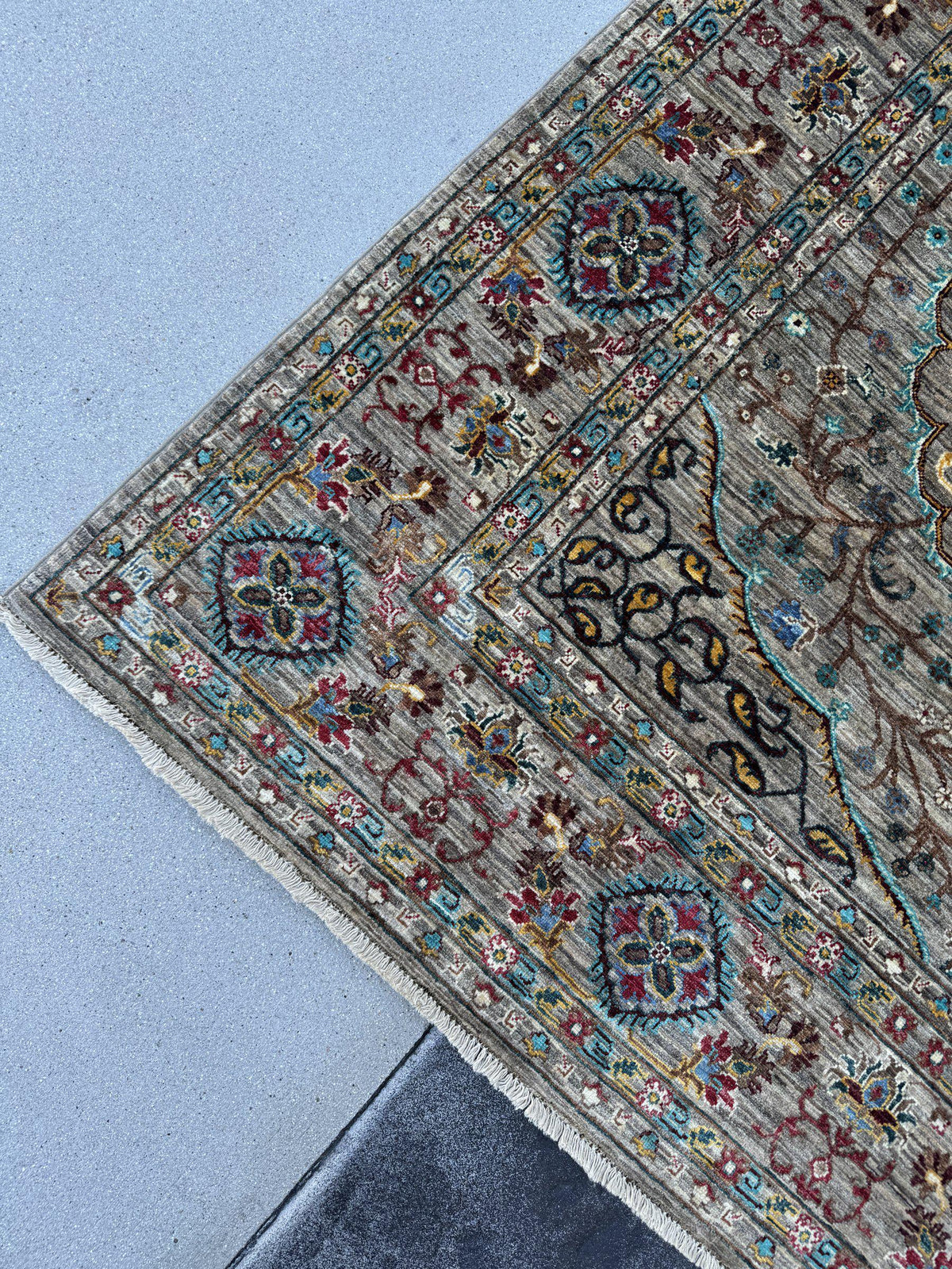 6x8 Handmade Afghan Wool Rug | Taupe and Beige Floral Medallion Area Rug | Muted Gold, Rose and Mint Accents | Hand-Knotted