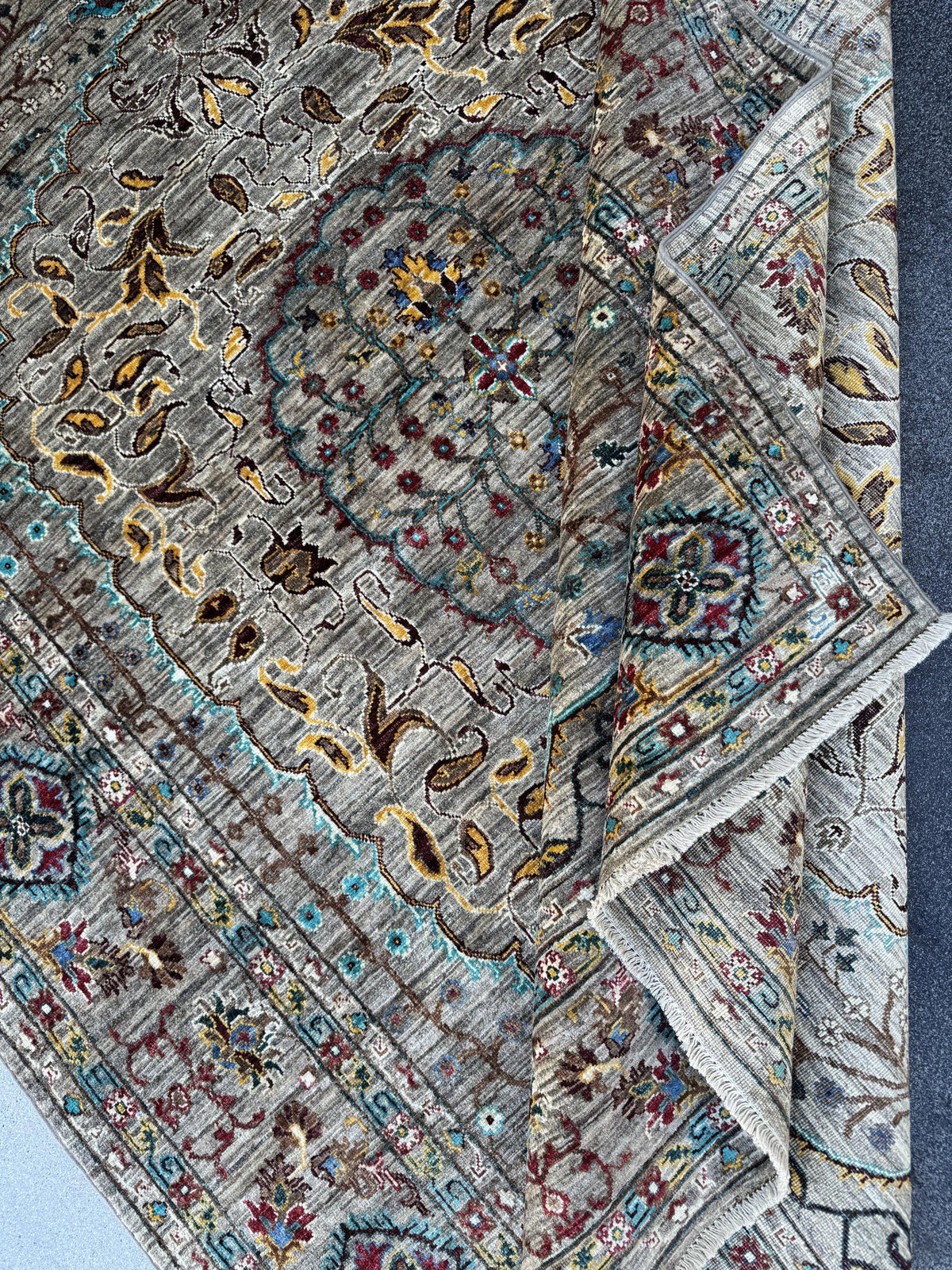 6x8 Handmade Afghan Wool Rug | Taupe and Beige Floral Medallion Area Rug | Muted Gold, Rose and Mint Accents | Hand-Knotted