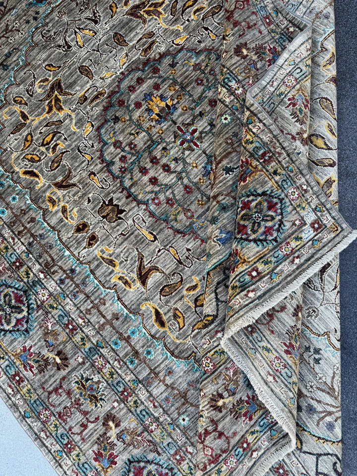 6x8 Handmade Afghan Wool Rug | Taupe and Beige Floral Medallion Area Rug | Muted Gold, Rose and Mint Accents | Hand-Knotted