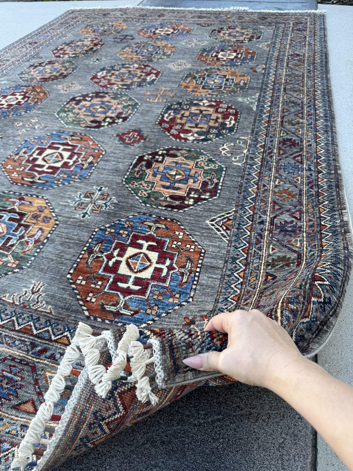 6x9 Handmade Afghan Wool Rug | Slate Grey Tribal Medallion Area Rug | Burgundy, Navy and Gold Accents | Hand-Knotted Carpet