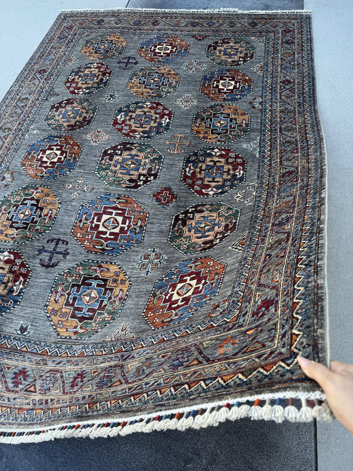 6x9 Handmade Afghan Wool Rug | Slate Grey Tribal Medallion Area Rug | Burgundy, Navy and Gold Accents | Hand-Knotted Carpet