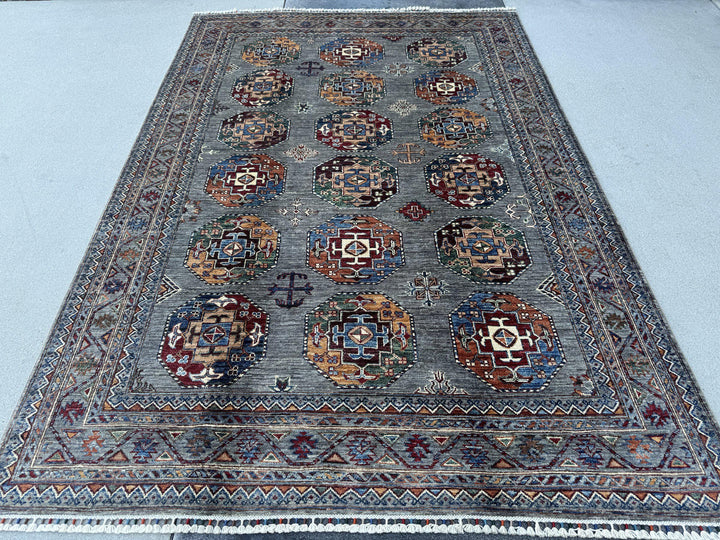 6x9 Handmade Afghan Wool Rug | Slate Grey Tribal Medallion Area Rug | Burgundy, Navy and Gold Accents | Hand-Knotted Carpet