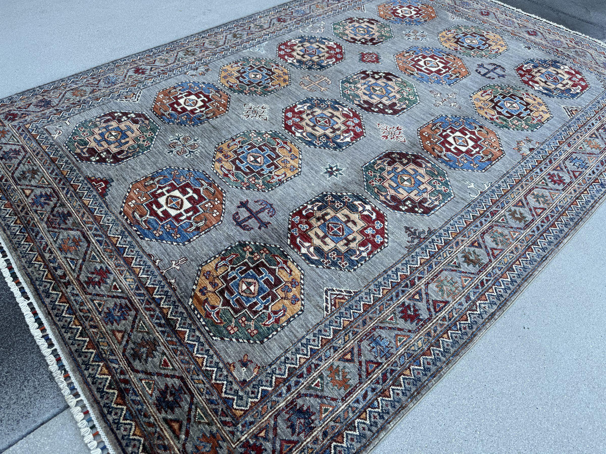 6x9 Handmade Afghan Wool Rug | Slate Grey Tribal Medallion Area Rug | Burgundy, Navy and Gold Accents | Hand-Knotted Carpet