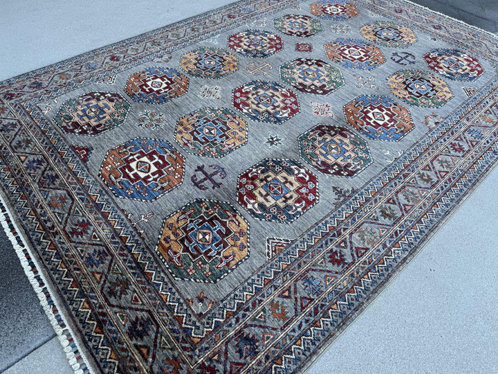 6x9 Handmade Afghan Wool Rug | Slate Grey Tribal Medallion Area Rug | Burgundy, Navy and Gold Accents | Hand-Knotted Carpet