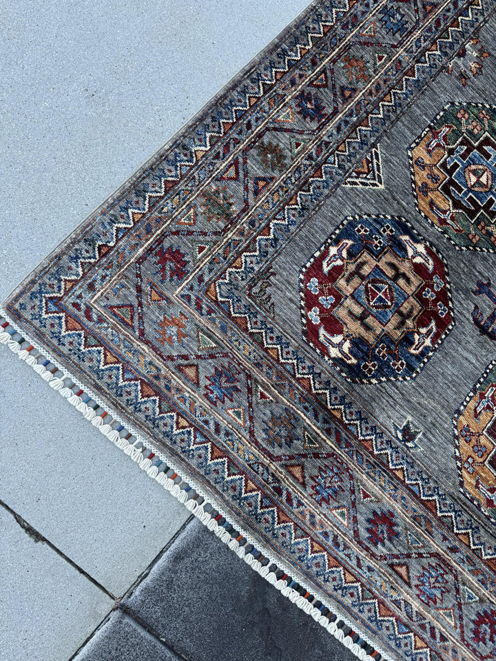 6x9 Handmade Afghan Wool Rug | Slate Grey Tribal Medallion Area Rug | Burgundy, Navy and Gold Accents | Hand-Knotted Carpet
