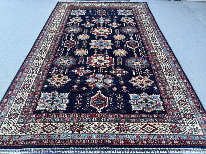 7x10 Handmade Afghan Wool Rug | Navy Blue and Ivory Kazak Geometric Area Rug | Brick Red Accents | Hand-Knotted Tribal Carpet