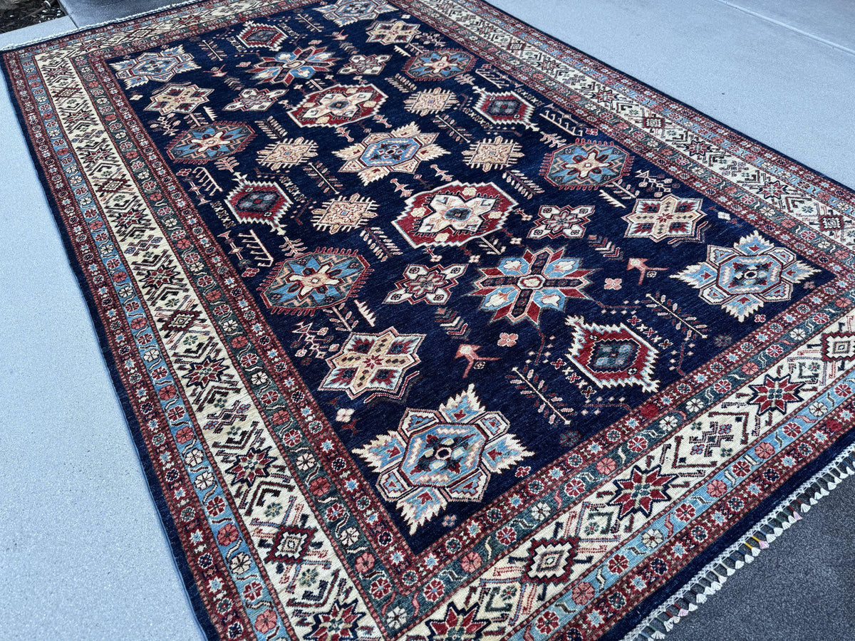 7x10 Handmade Afghan Wool Rug | Navy Blue and Ivory Kazak Geometric Area Rug | Brick Red Accents | Hand-Knotted Tribal Carpet