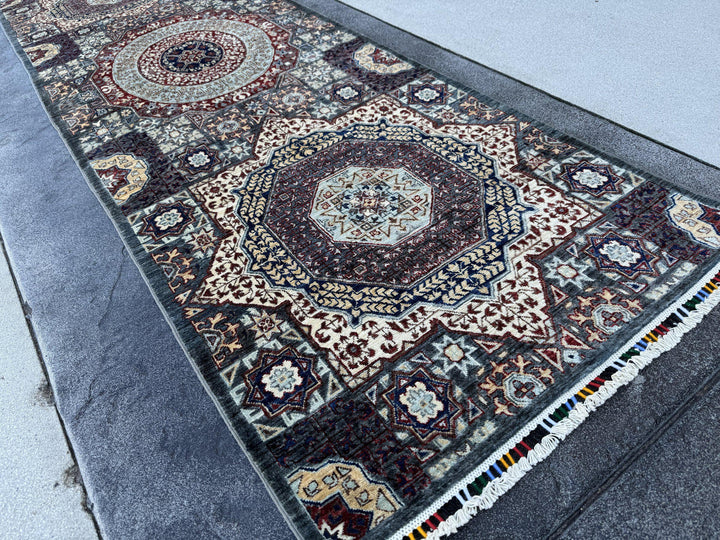 3x9 Handmade Afghan Wool Runner Rug | Sage Grey and Ivory Mamluk Medallion Hallway Runner | Fine Hand-Knotted Carpet