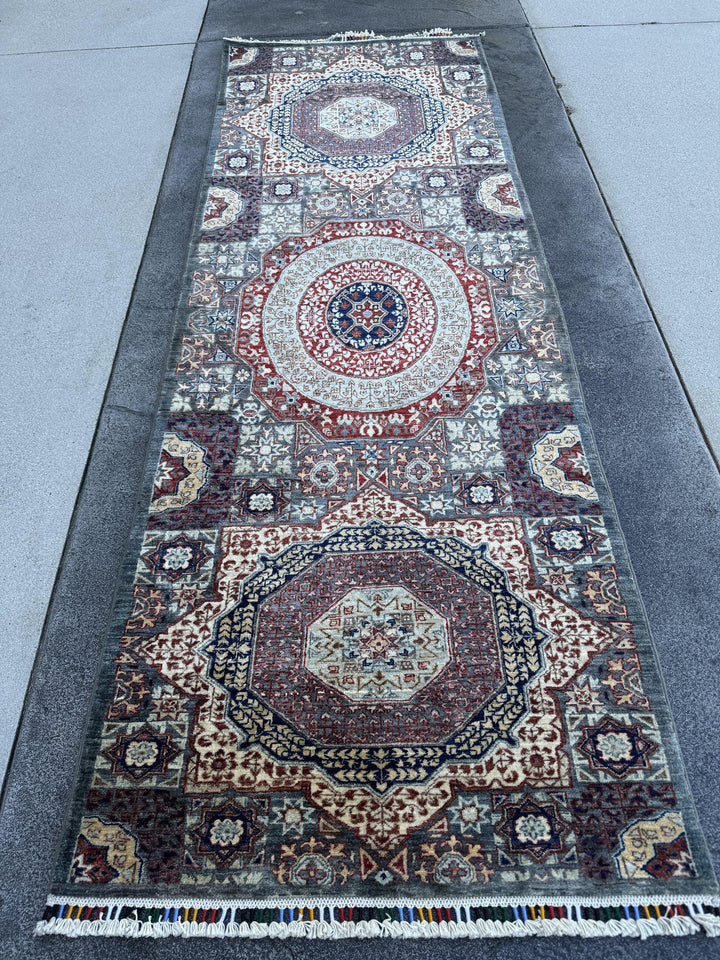 3x9 Handmade Afghan Wool Runner Rug | Sage Grey and Ivory Mamluk Medallion Hallway Runner | Fine Hand-Knotted Carpet