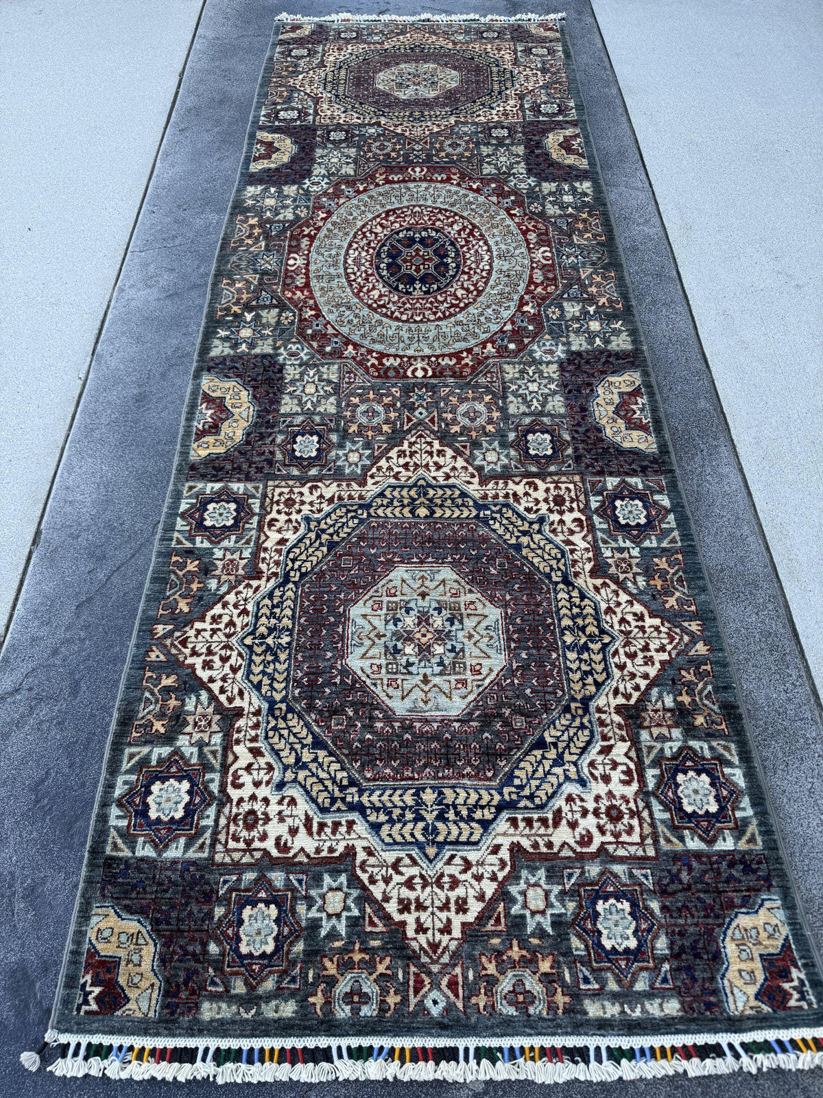 3x9 Handmade Afghan Wool Runner Rug | Sage Grey and Ivory Mamluk Medallion Hallway Runner | Fine Hand-Knotted Carpet