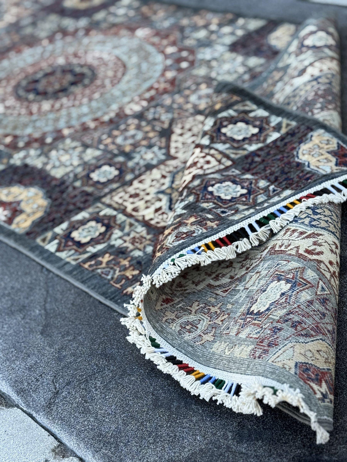 3x9 Handmade Afghan Wool Runner Rug | Sage Grey and Ivory Mamluk Medallion Hallway Runner | Fine Hand-Knotted Carpet