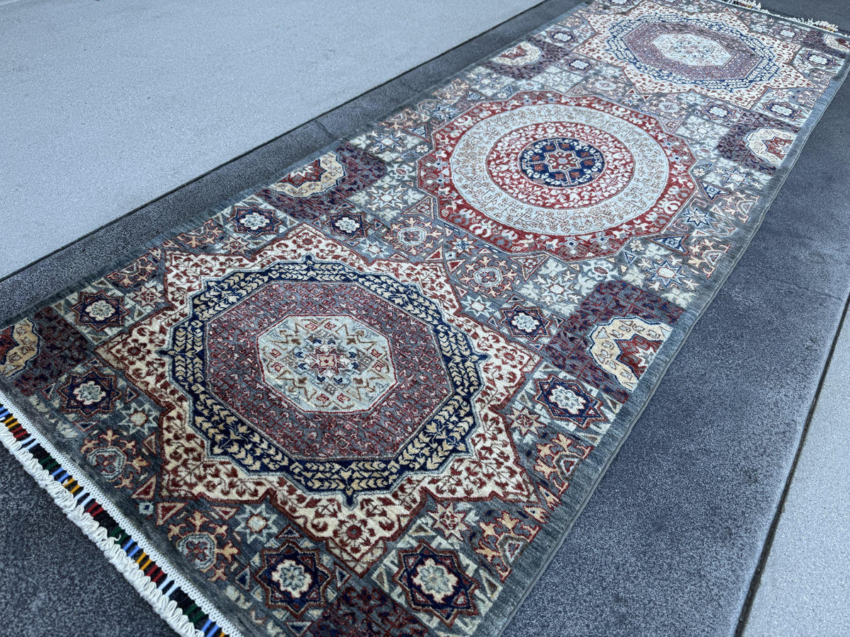 3x9 Handmade Afghan Wool Runner Rug | Sage Grey and Ivory Mamluk Medallion Hallway Runner | Fine Hand-Knotted Carpet