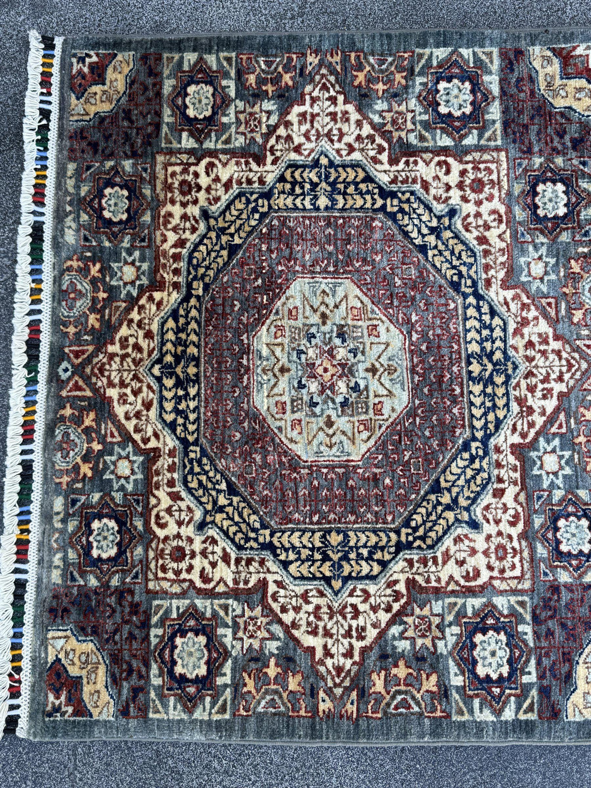 3x9 Handmade Afghan Wool Runner Rug | Sage Grey and Ivory Mamluk Medallion Hallway Runner | Fine Hand-Knotted Carpet