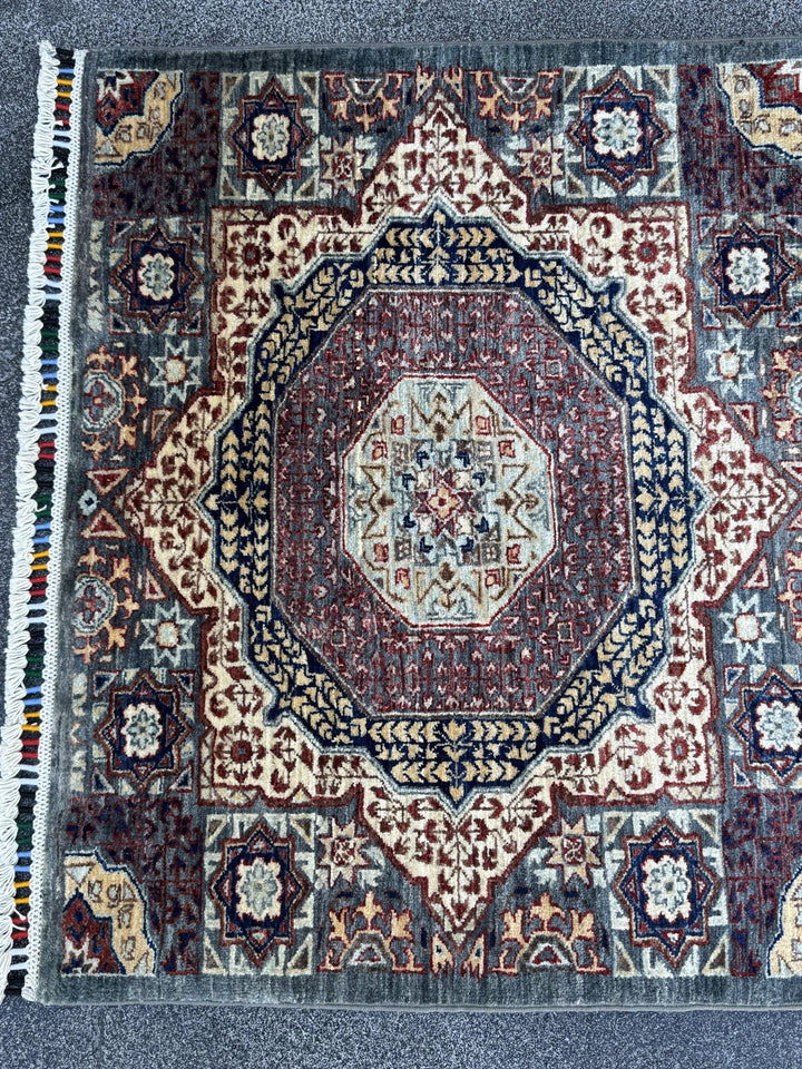3x9 Handmade Afghan Wool Runner Rug | Sage Grey and Ivory Mamluk Medallion Hallway Runner | Fine Hand-Knotted Carpet
