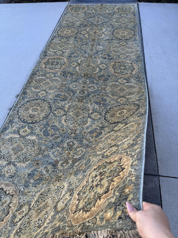 4x12 Handmade Afghan Wool Wide Runner Rug | Muted Blue Grey and Gold Floral Hallway Runner | Hand-Knotted Gallery Carpet