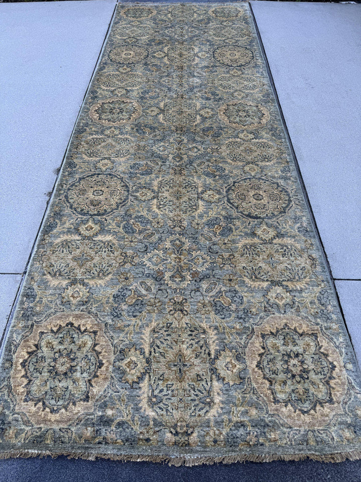 4x12 Handmade Afghan Wool Wide Runner Rug | Muted Blue Grey and Gold Floral Hallway Runner | Hand-Knotted Gallery Carpet