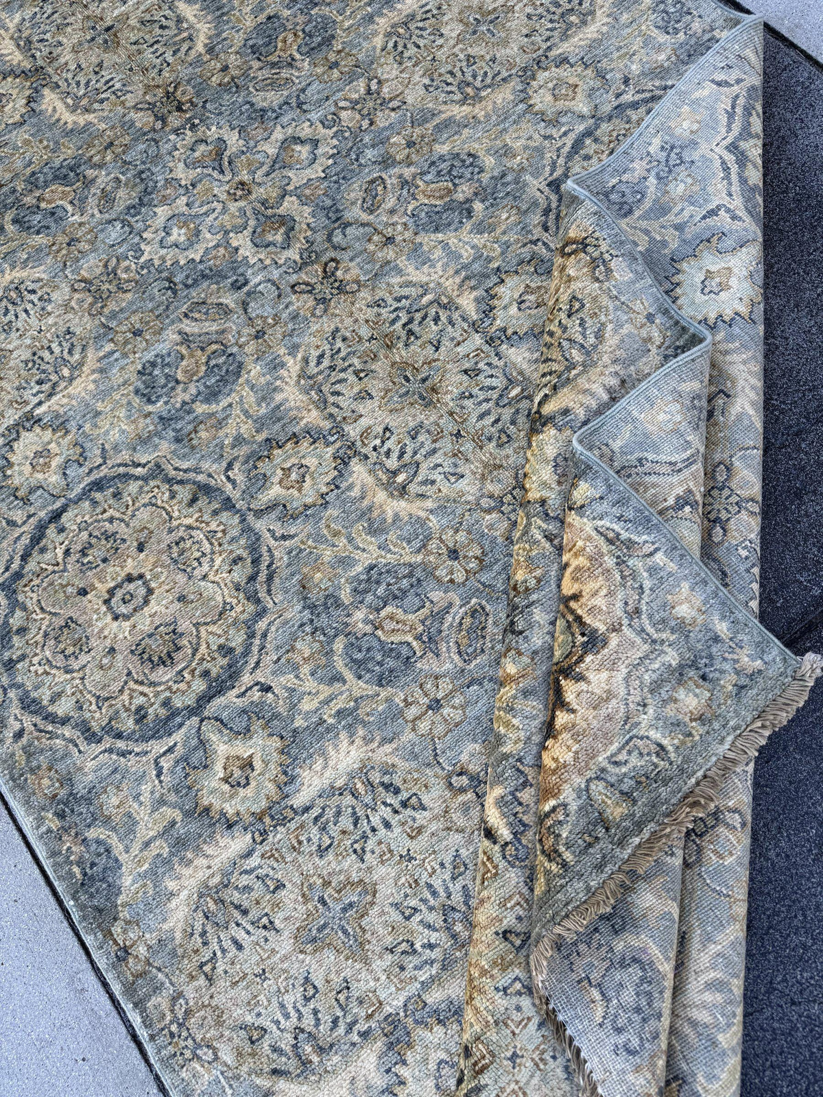 4x12 Handmade Afghan Wool Wide Runner Rug | Muted Blue Grey and Gold Floral Hallway Runner | Hand-Knotted Gallery Carpet