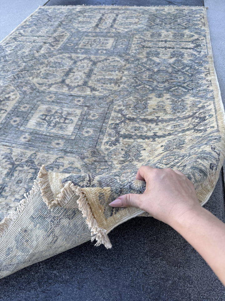 4x6 Handmade Afghan Wool Rug | Muted Blue Grey and Cream Geometric Medallion Area Rug | Soft Faded Look | Hand-Knotted Carpet