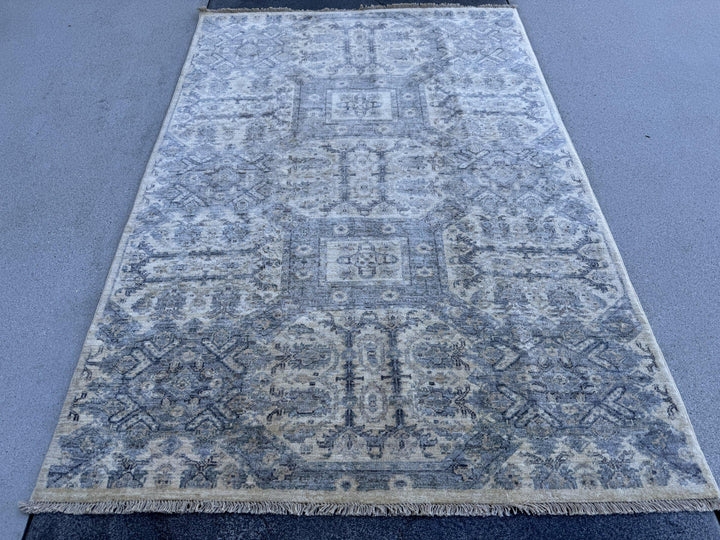 4x6 Handmade Afghan Wool Rug | Muted Blue Grey and Cream Geometric Medallion Area Rug | Soft Faded Look | Hand-Knotted Carpet