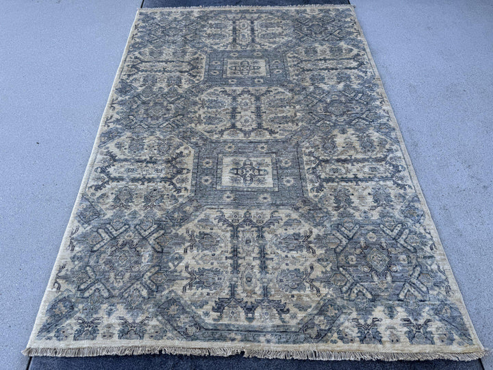4x6 Handmade Afghan Wool Rug | Muted Blue Grey and Cream Geometric Medallion Area Rug | Soft Faded Look | Hand-Knotted Carpet