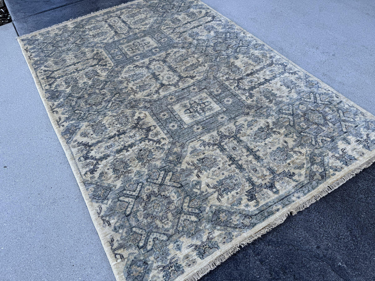 4x6 Handmade Afghan Wool Rug | Muted Blue Grey and Cream Geometric Medallion Area Rug | Soft Faded Look | Hand-Knotted Carpet