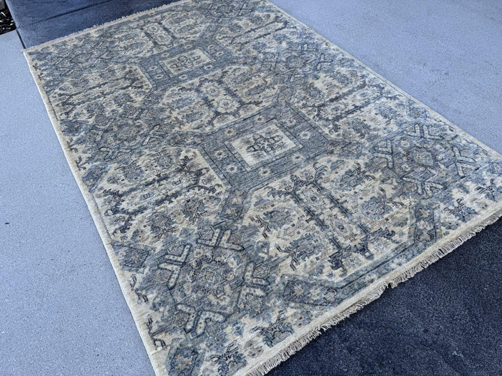 4x6 Handmade Afghan Wool Rug | Muted Blue Grey and Cream Geometric Medallion Area Rug | Soft Faded Look | Hand-Knotted Carpet