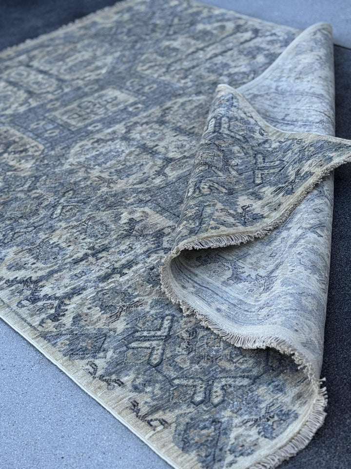 4x6 Handmade Afghan Wool Rug | Muted Blue Grey and Cream Geometric Medallion Area Rug | Soft Faded Look | Hand-Knotted Carpet
