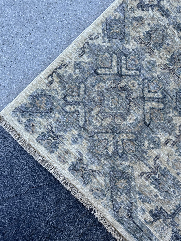 4x6 Handmade Afghan Wool Rug | Muted Blue Grey and Cream Geometric Medallion Area Rug | Soft Faded Look | Hand-Knotted Carpet