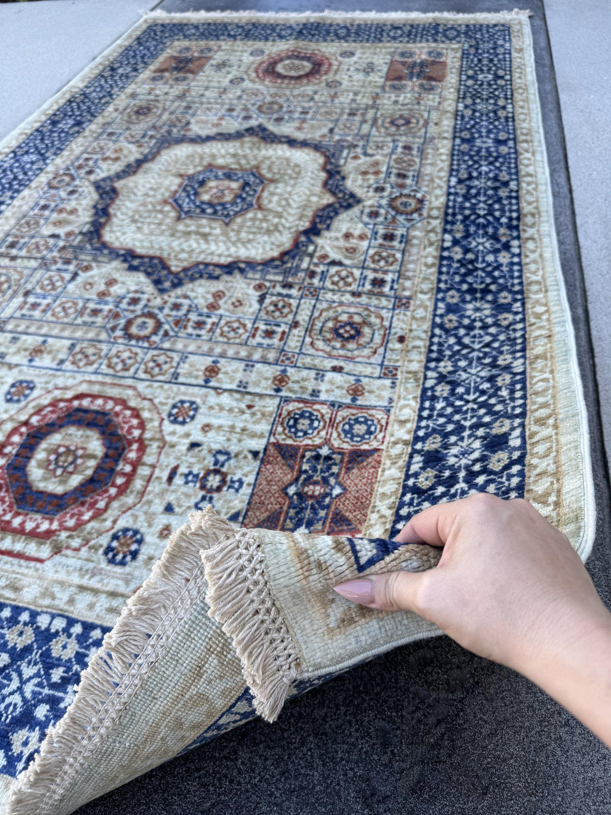 4x7 Handmade Afghan Wool Rug | Ivory and Royal Blue Mamluk Medallion Area Rug | Rust and Navy Accents | Hand-Knotted Geometric Carpet