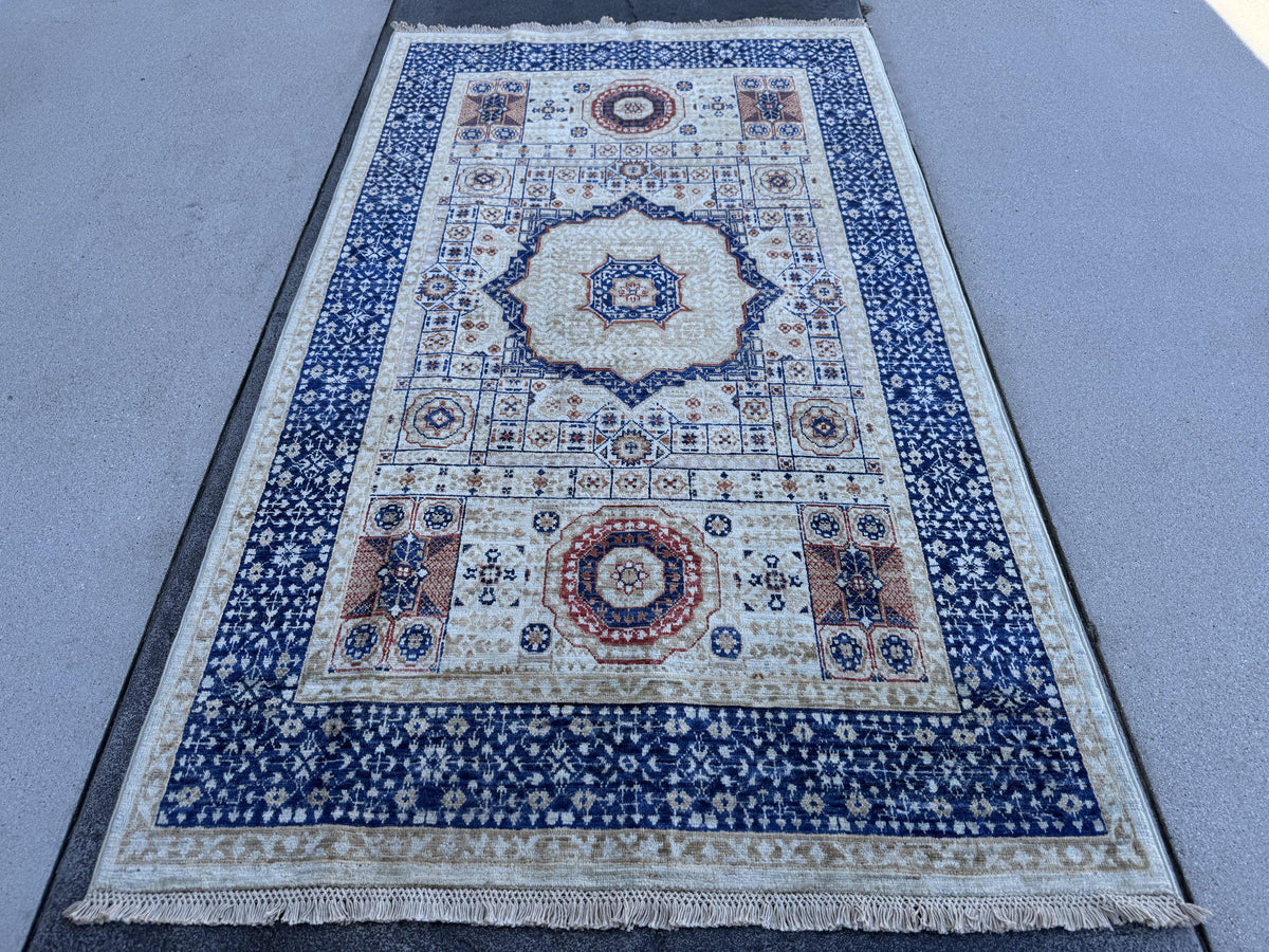 4x7 Handmade Afghan Wool Rug | Ivory and Royal Blue Mamluk Medallion Area Rug | Rust and Navy Accents | Hand-Knotted Geometric Carpet