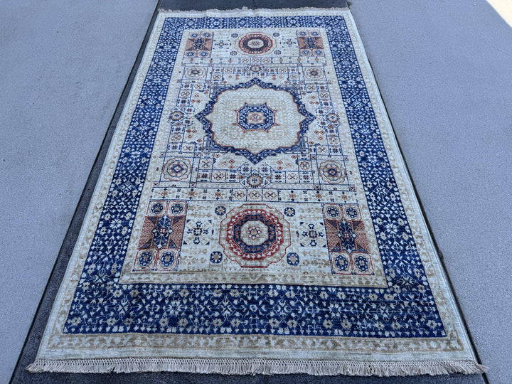 4x7 Handmade Afghan Wool Rug | Ivory and Royal Blue Mamluk Medallion Area Rug | Rust and Navy Accents | Hand-Knotted Geometric Carpet