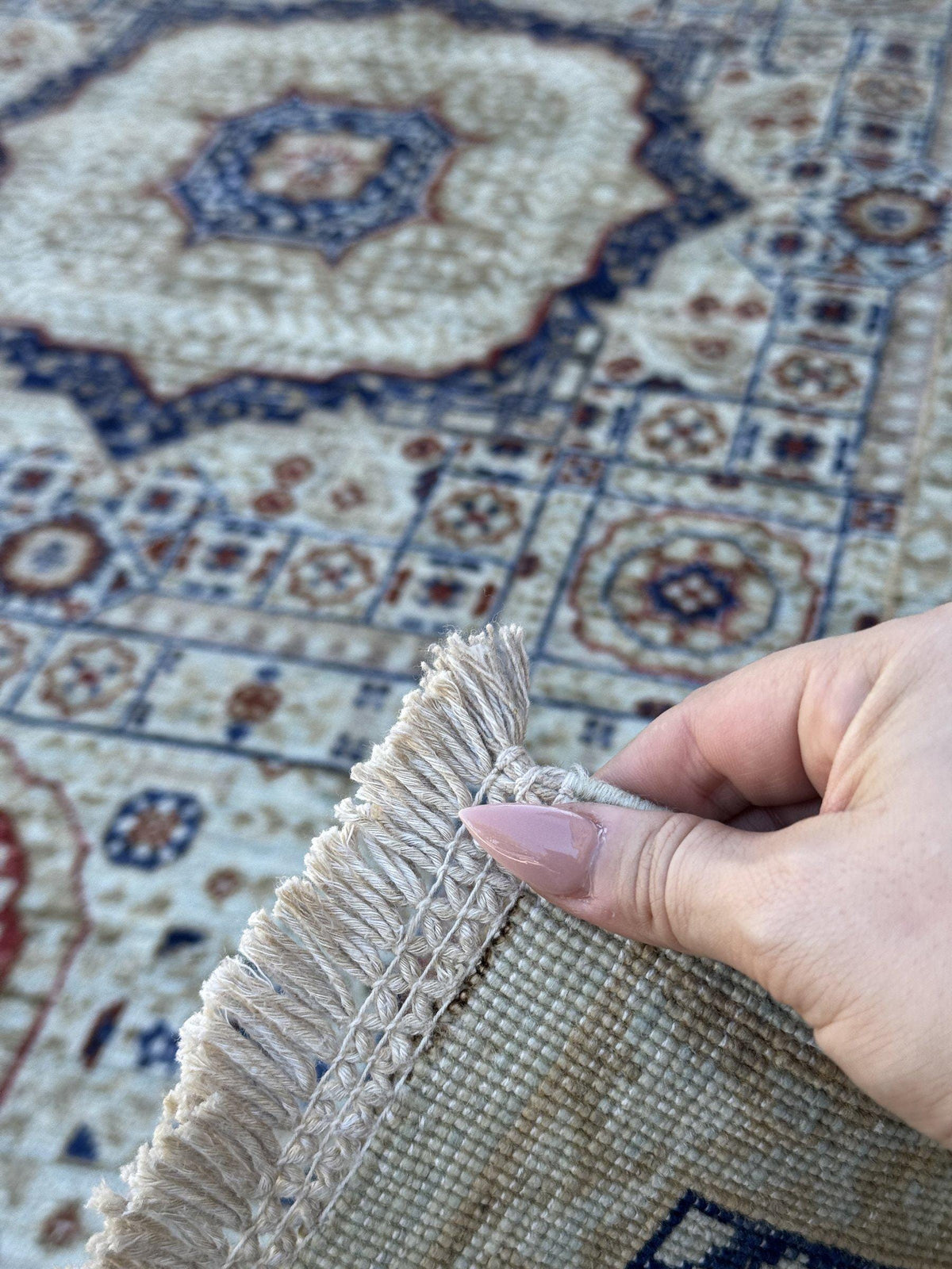 4x7 Handmade Afghan Wool Rug | Ivory and Royal Blue Mamluk Medallion Area Rug | Rust and Navy Accents | Hand-Knotted Geometric Carpet