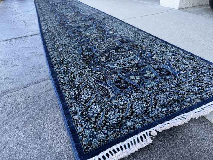 3x14 Handmade Afghan Wool Runner Rug | Midnight Blue and Sky Blue Floral Hallway Runner | Ivory Accents | Hand-Knotted Extra Long Carpet