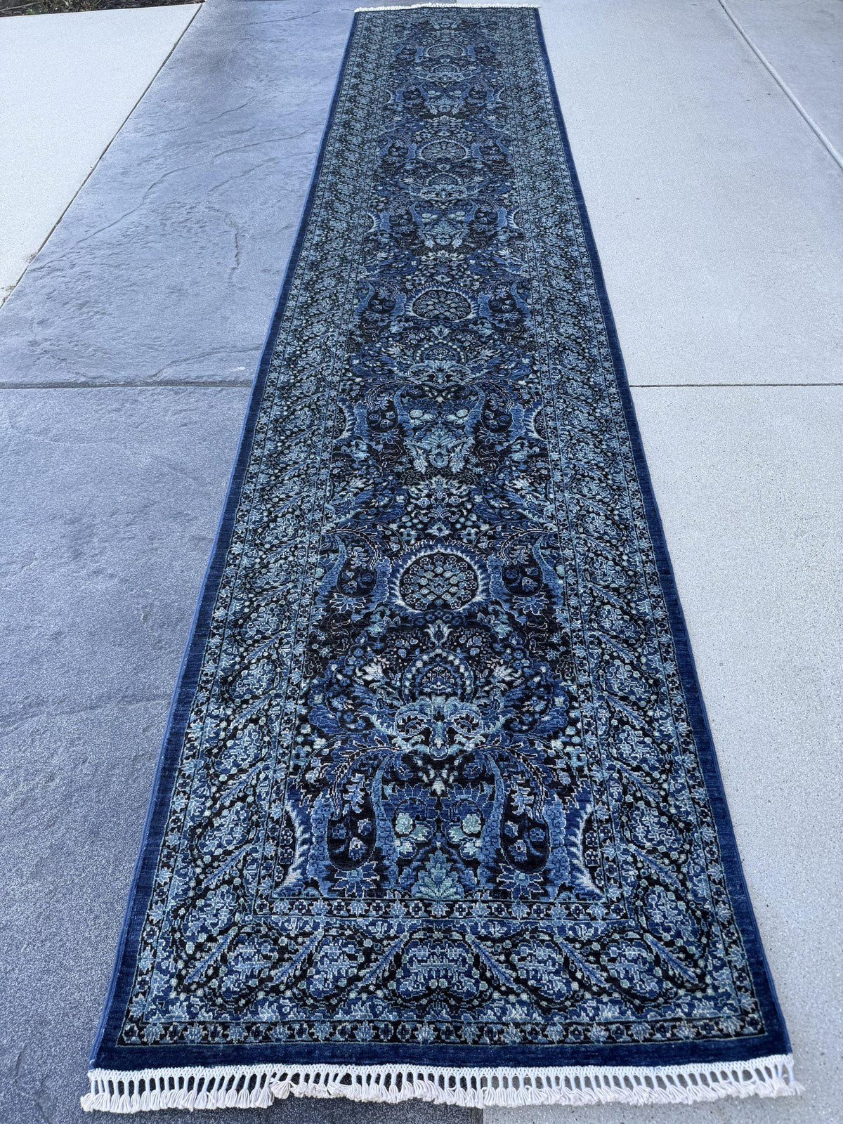 3x14 Handmade Afghan Wool Runner Rug | Midnight Blue and Sky Blue Floral Hallway Runner | Ivory Accents | Hand-Knotted Extra Long Carpet