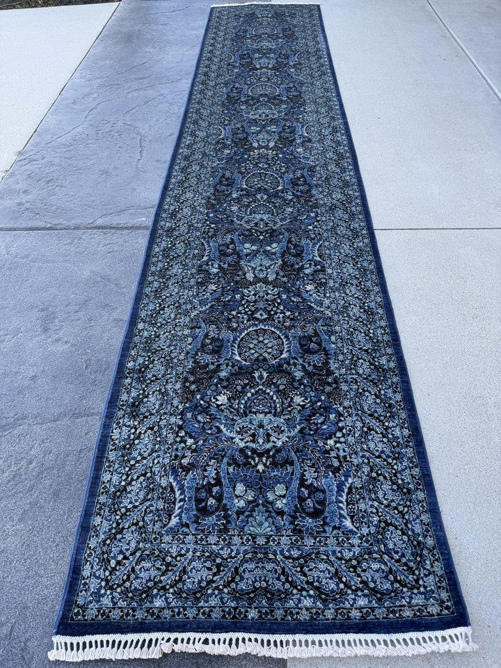 3x14 Handmade Afghan Wool Runner Rug | Midnight Blue and Sky Blue Floral Hallway Runner | Ivory Accents | Hand-Knotted Extra Long Carpet