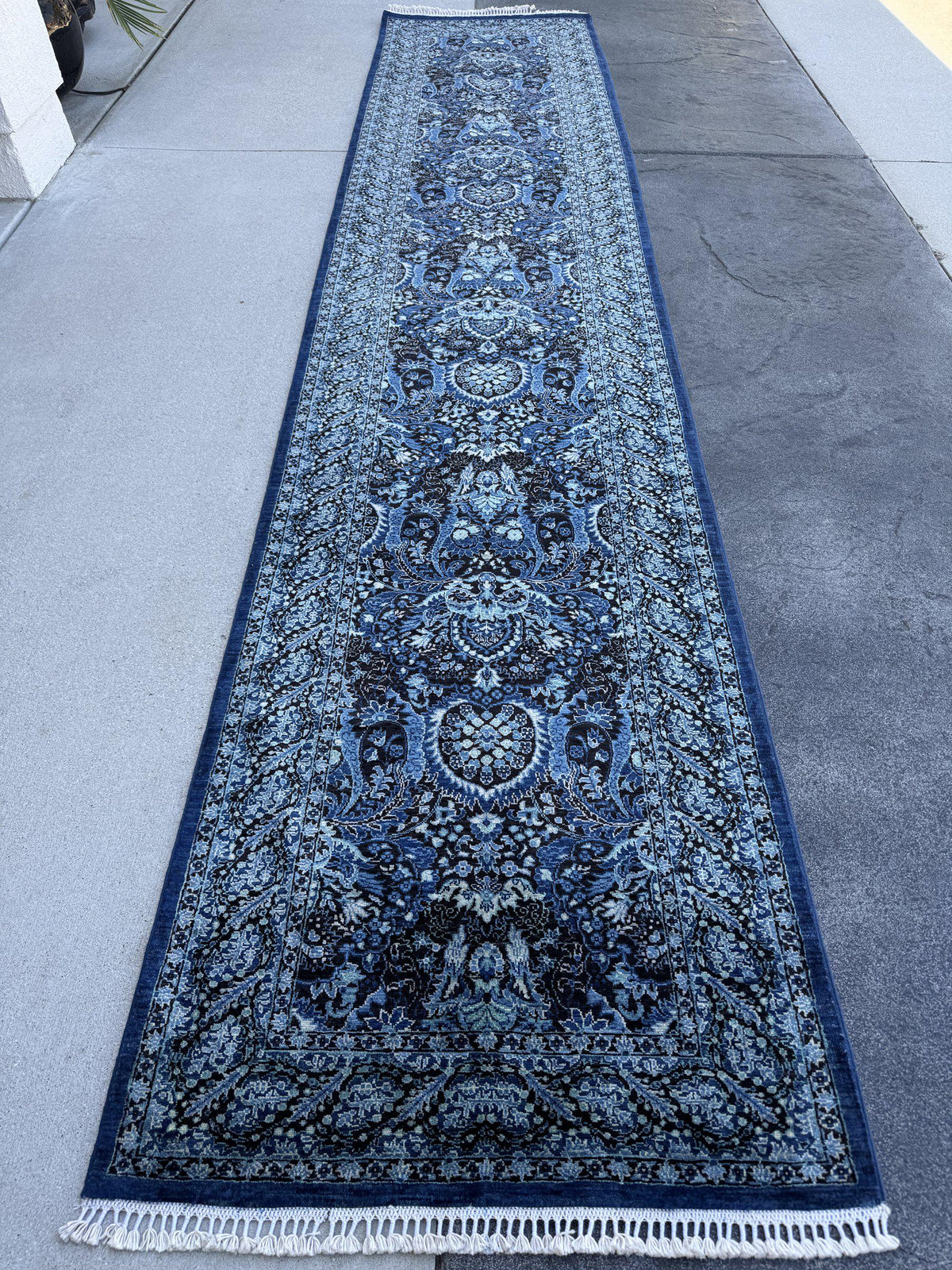3x14 Handmade Afghan Wool Runner Rug | Midnight Blue and Sky Blue Floral Hallway Runner | Ivory Accents | Hand-Knotted Extra Long Carpet