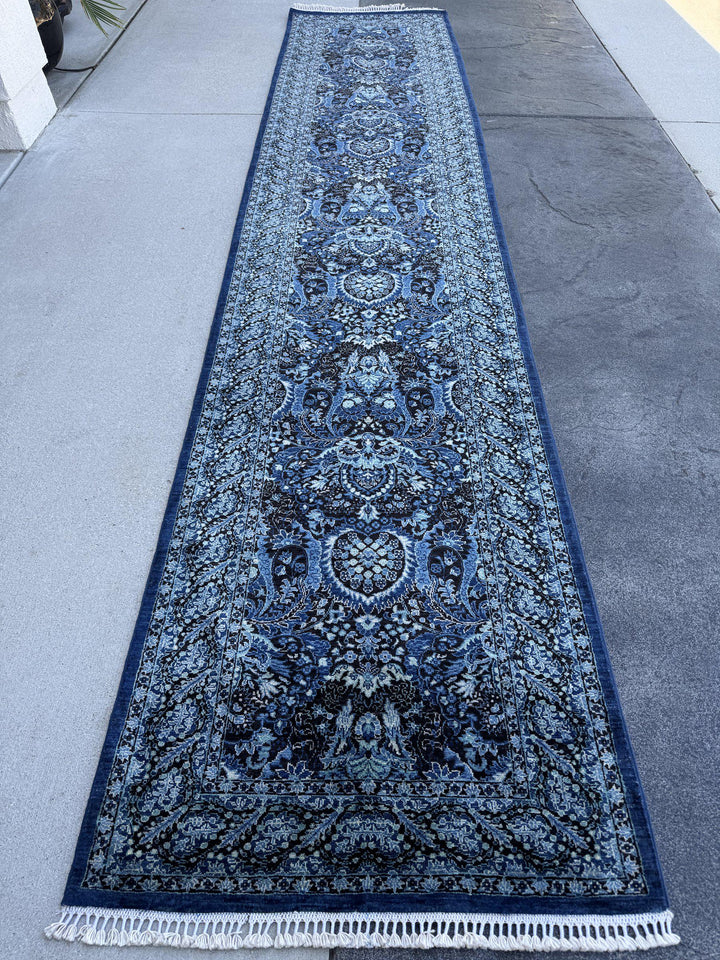 3x14 Handmade Afghan Wool Runner Rug | Midnight Blue and Sky Blue Floral Hallway Runner | Ivory Accents | Hand-Knotted Extra Long Carpet