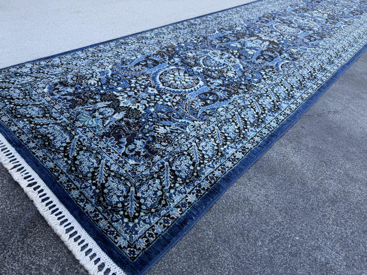 3x14 Handmade Afghan Wool Runner Rug | Midnight Blue and Sky Blue Floral Hallway Runner | Ivory Accents | Hand-Knotted Extra Long Carpet