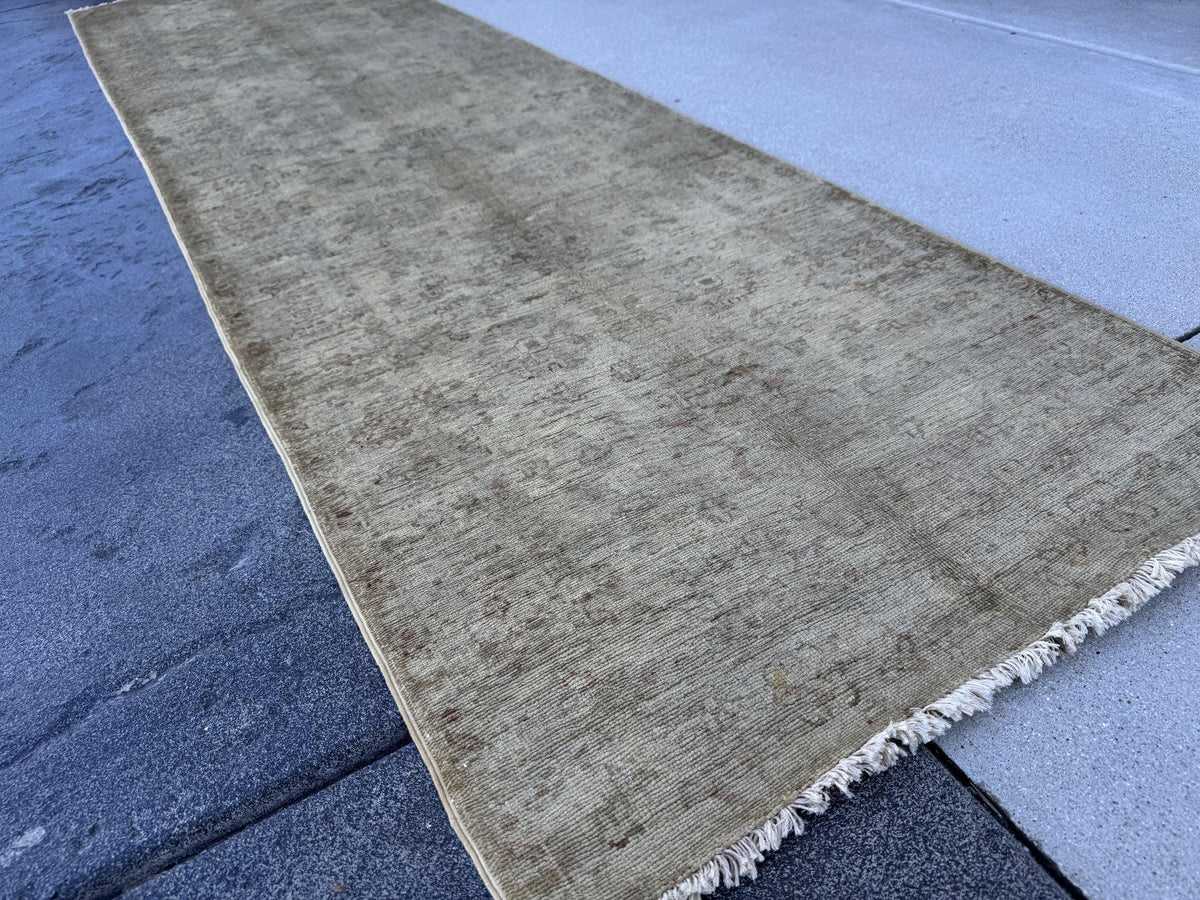 3x10 Handmade Afghan Wool Runner Rug | Muted Beige and Tan Faded Floral Hallway Runner | Soft Neutral Oushak Style | Hand-Knotted Carpet