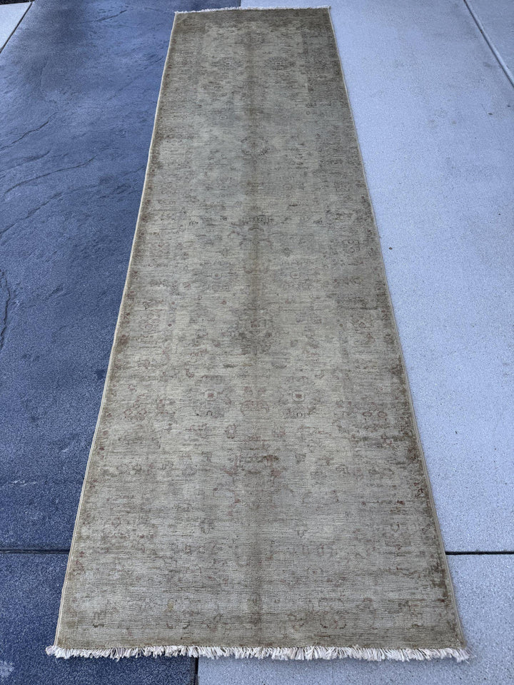 3x10 Handmade Afghan Wool Runner Rug | Muted Beige and Tan Faded Floral Hallway Runner | Soft Neutral Oushak Style | Hand-Knotted Carpet