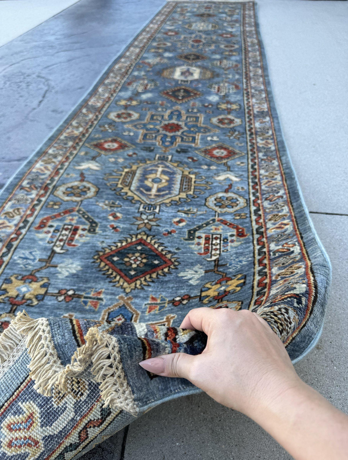 3x12 Handmade Afghan Wool Runner Rug | Powder Blue Tribal Geometric Hallway Runner | Ivory Border with Red Accents | Hand-Knotted Carpet