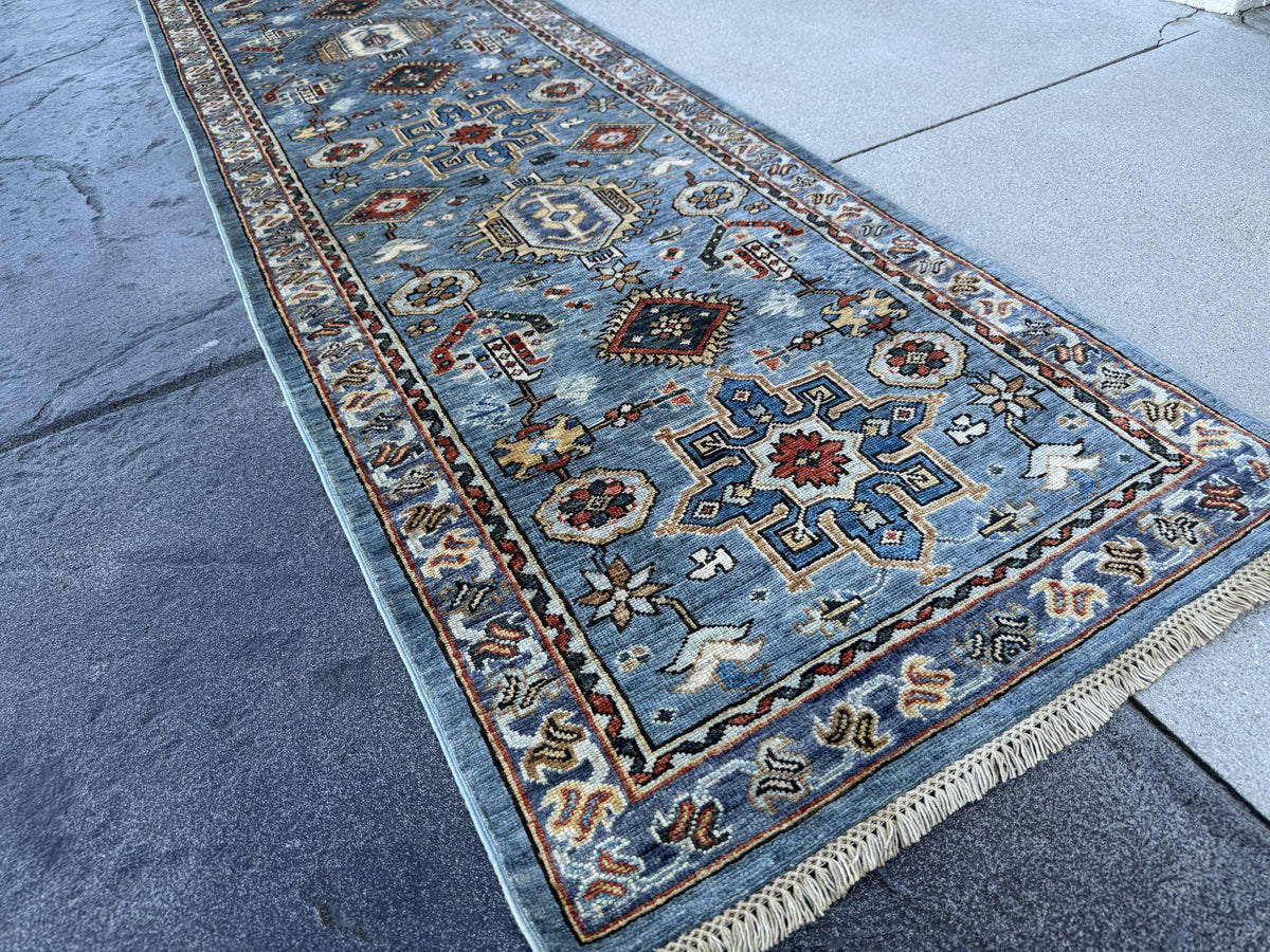 3x12 Handmade Afghan Wool Runner Rug | Powder Blue Tribal Geometric Hallway Runner | Ivory Border with Red Accents | Hand-Knotted Carpet